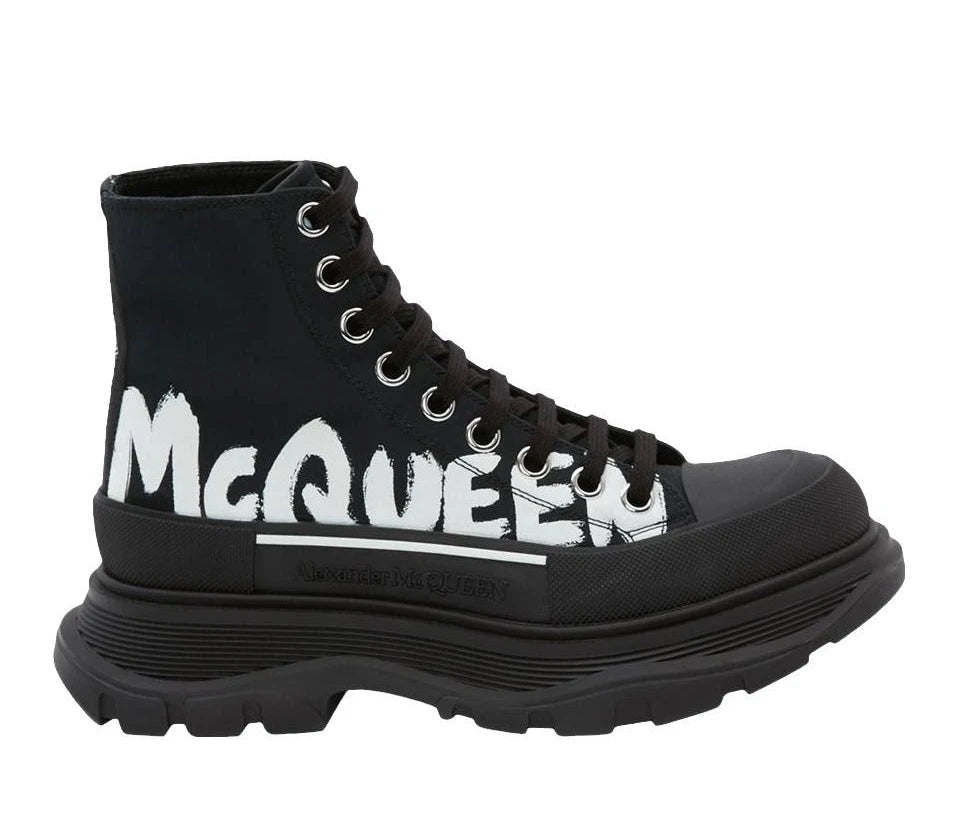 Alexander McQueen Tread Slick Boot Leather Graffiti Black White- Used